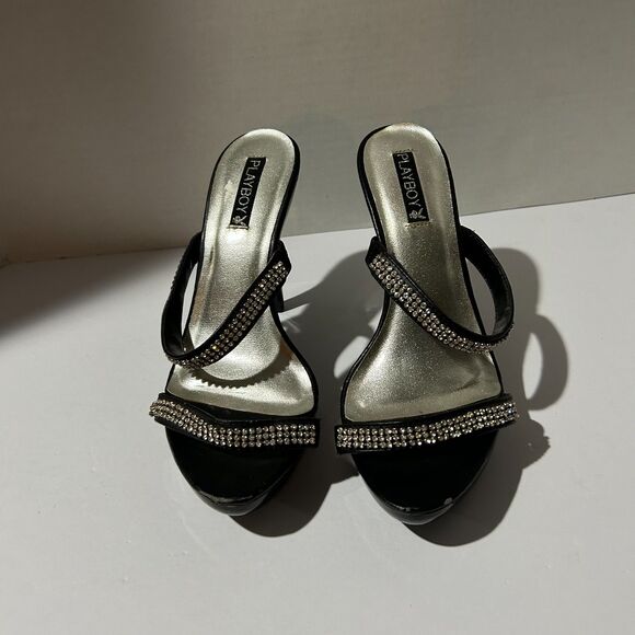 Playboy, Strappy Rhinestone 5.5" Black and Silver Heels, sz 9, Y2K - Picture 6 of 8